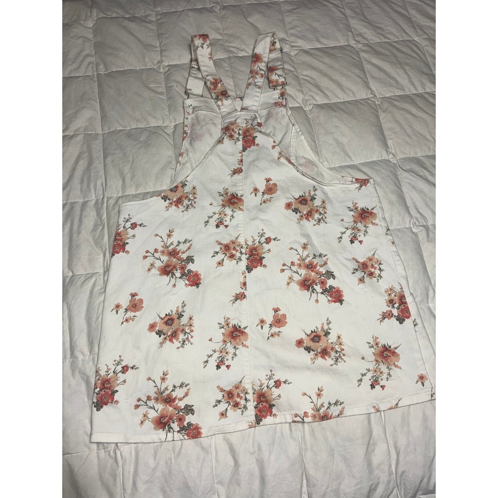 Womens White Floral Denim Overall Dress Pinafore Orange Pink Flower Print
